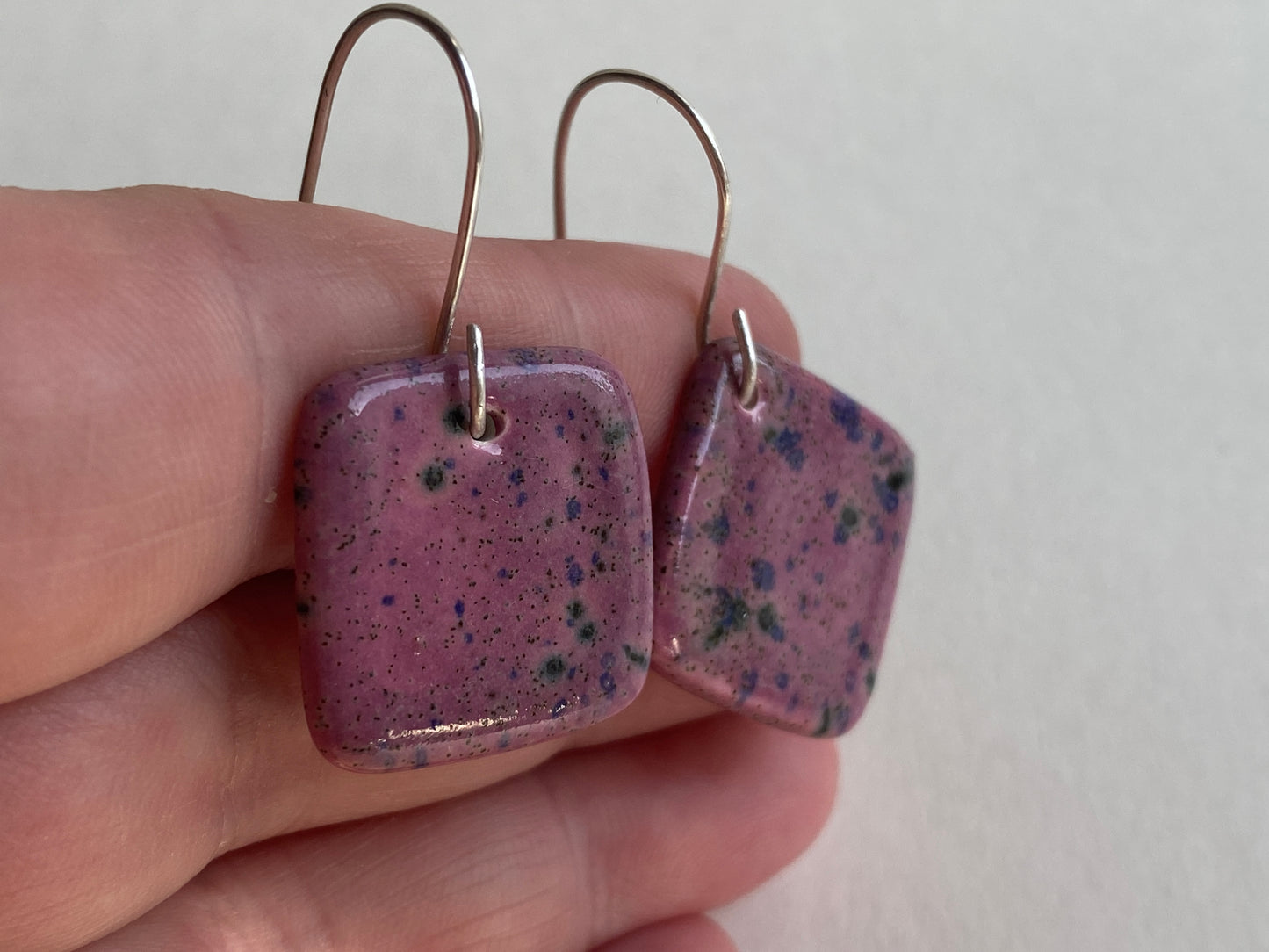 Ceramic mismatched Dangle Earrings - Purple Blast Glaze -
