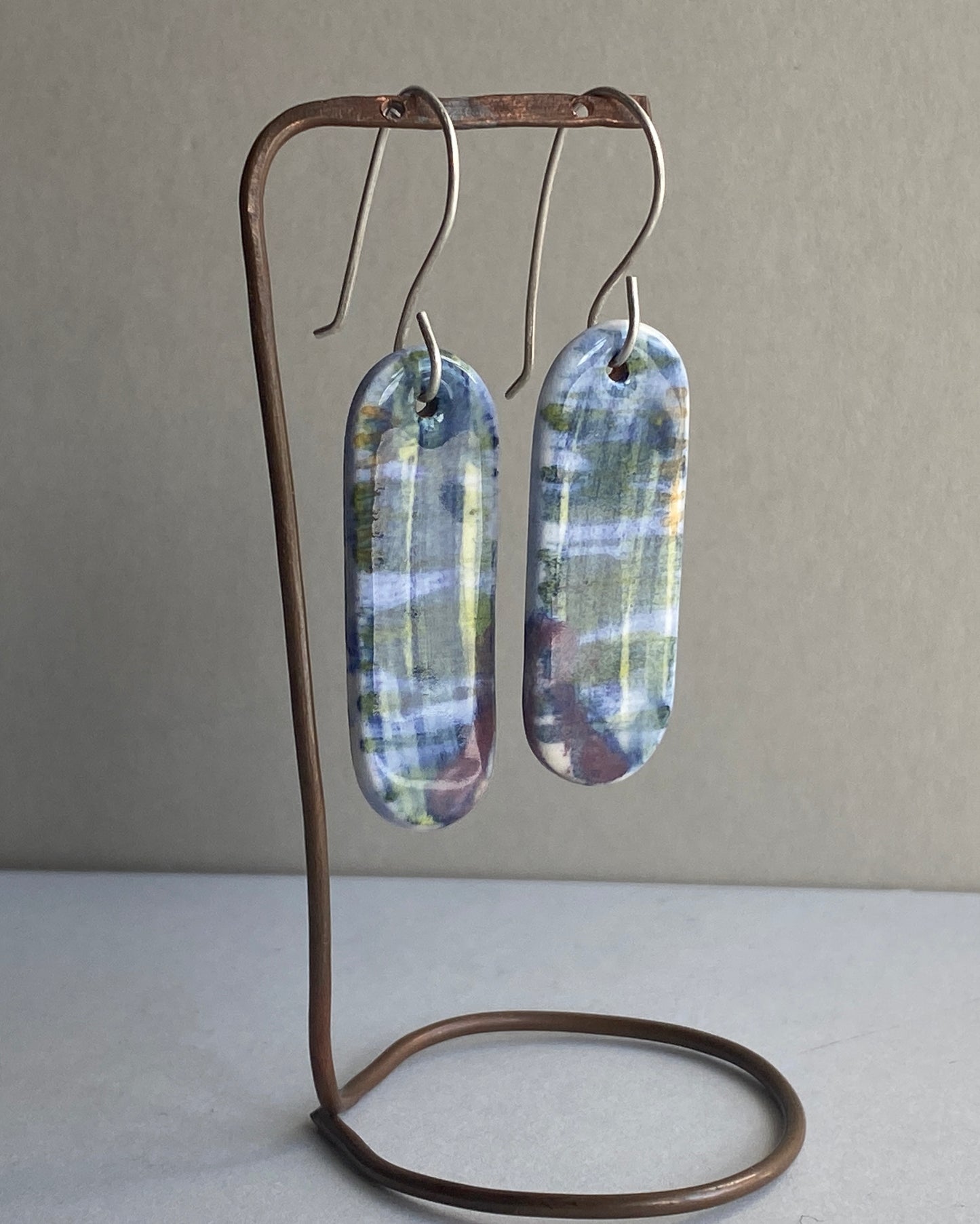 Ceramic painterly Dangle Earrings - Blues - Hung on handmade silver wires