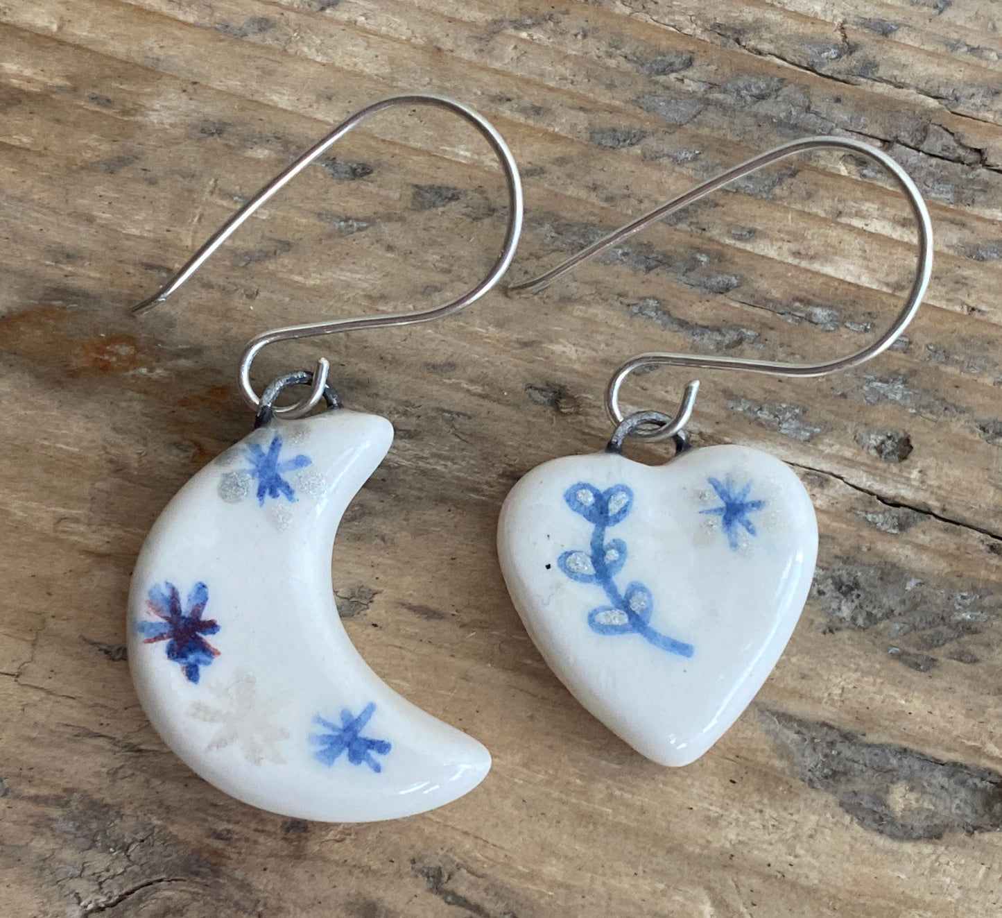 Folk Art Heart &  Moon Handmade Dangly Earrings with Sterling Silver