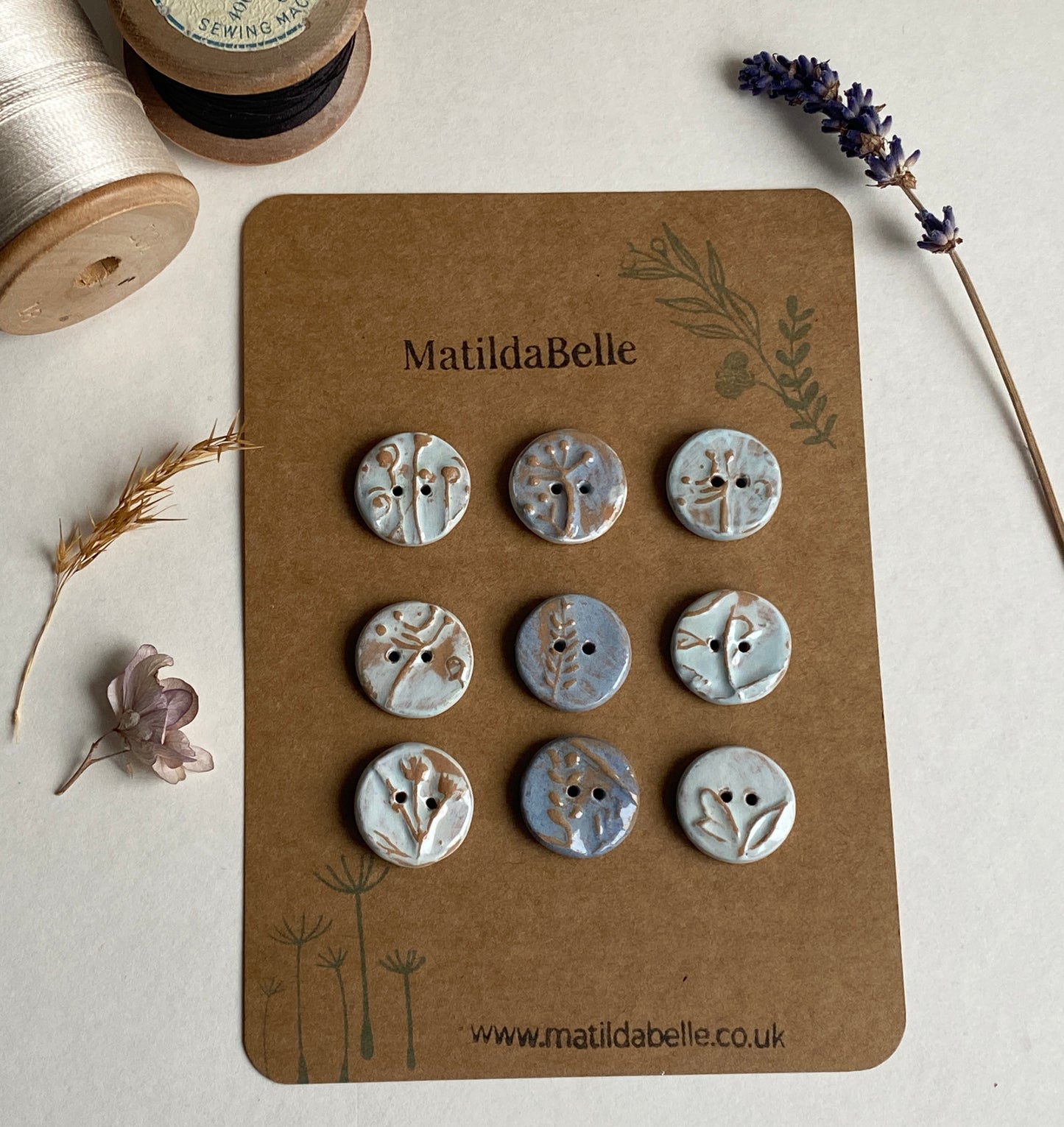 Ceramic Handmade buttons set of nine pastel botanical 20mm