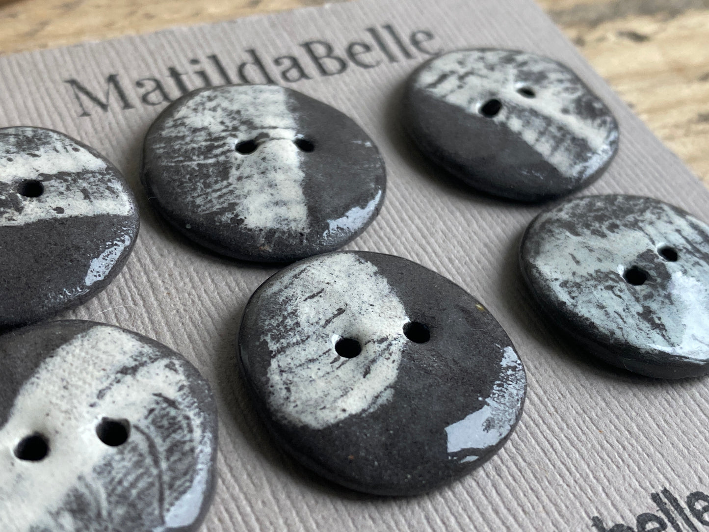 22mm Set of 6 Hand-Formed Black Clay Ceramic Round Buttons - 20mm-22mm -