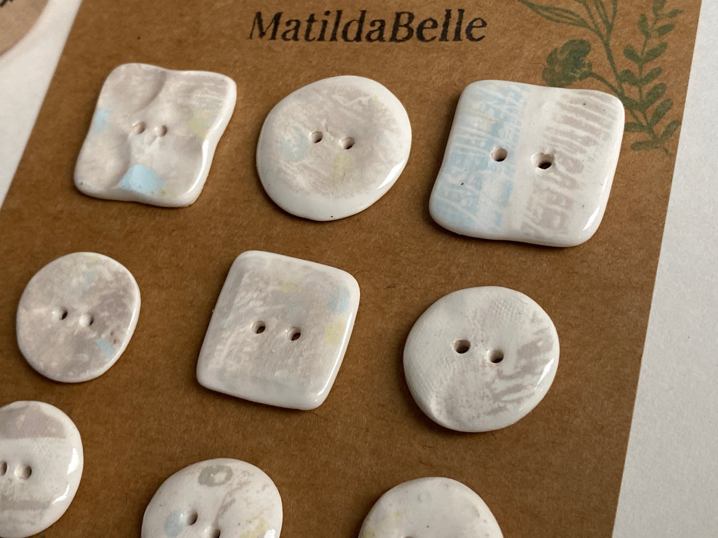 Buttons set of 9,  Mixed size Handmade Mono  Printed  Ceramic Buttons