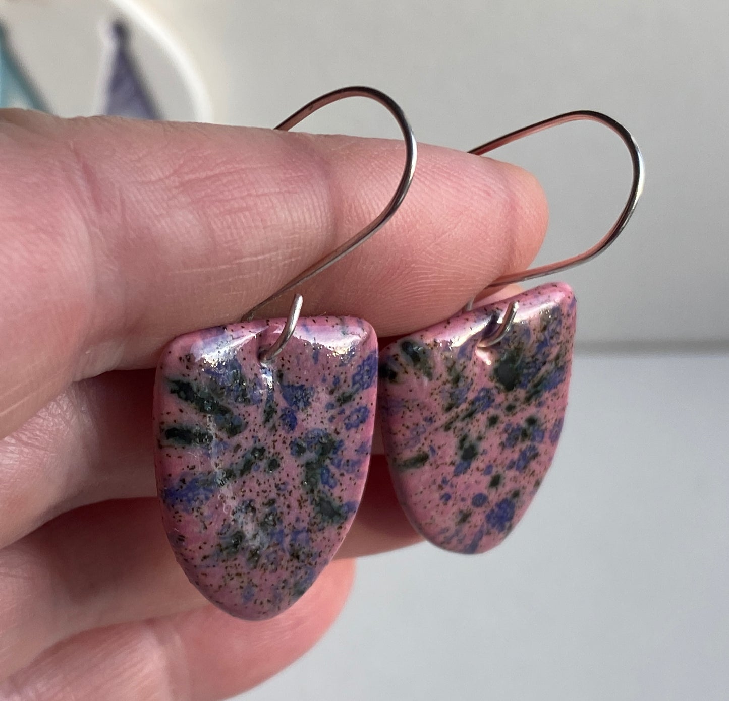 Ceramic Contemporary Dangle Earrings - Purple Blast Glaze - Handmade Recycled Silver Wires