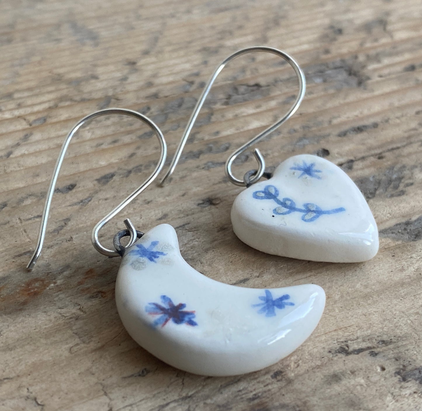 Folk Art Heart &  Moon Handmade Dangly Earrings with Sterling Silver