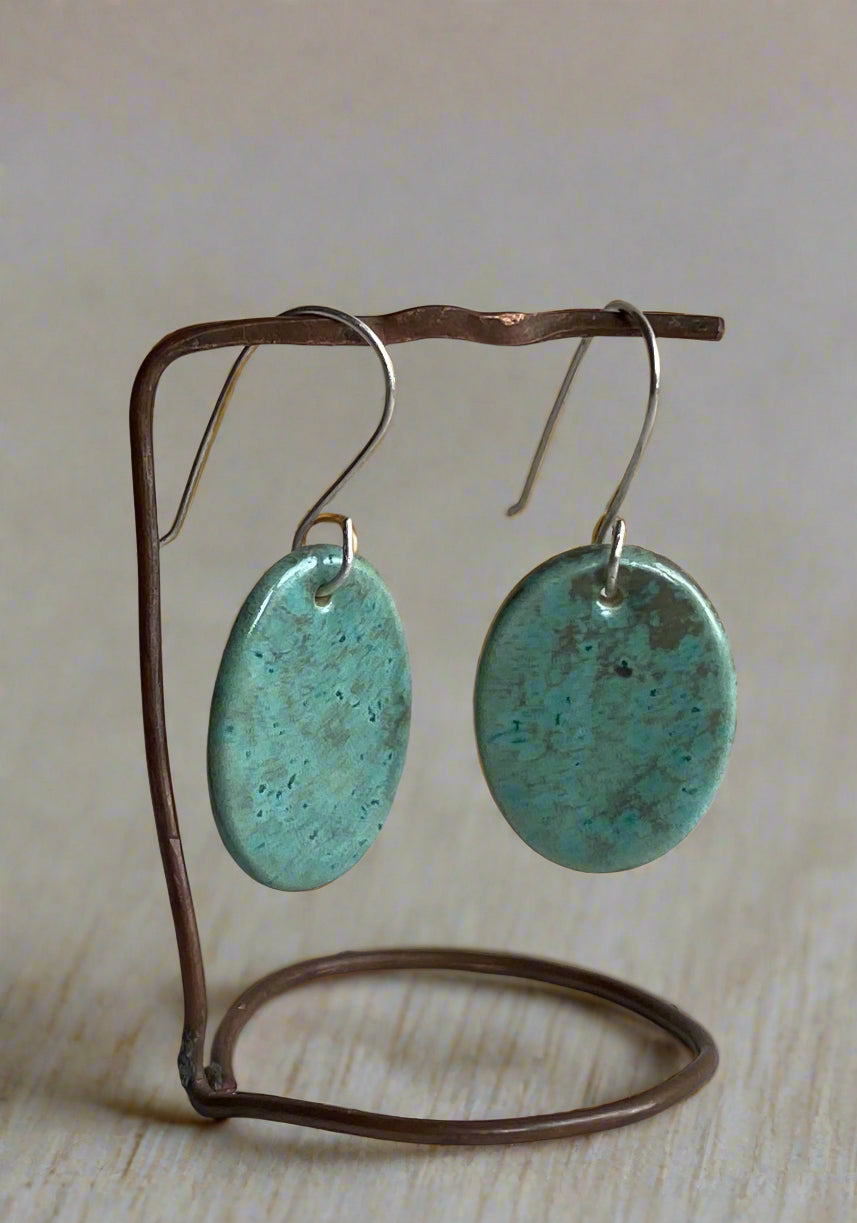 Ceramic Ovals  Dangle Earrings - Green gold glaze