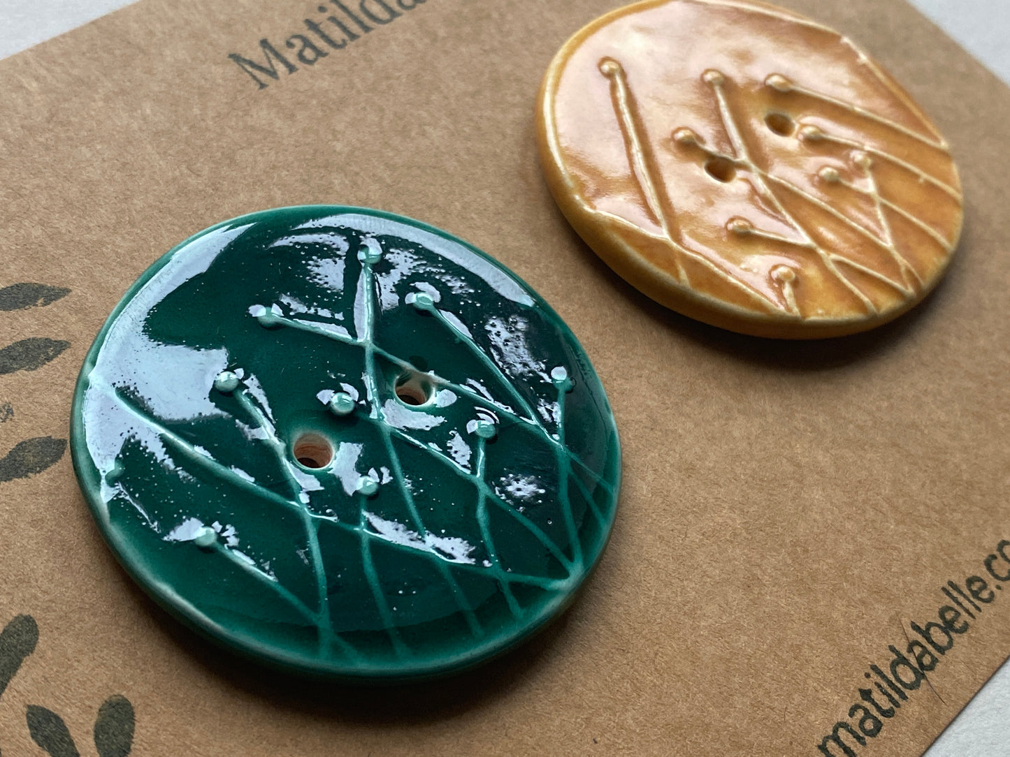 Large Pair of Botanical Handmade Buttons 46mm Green and Honey