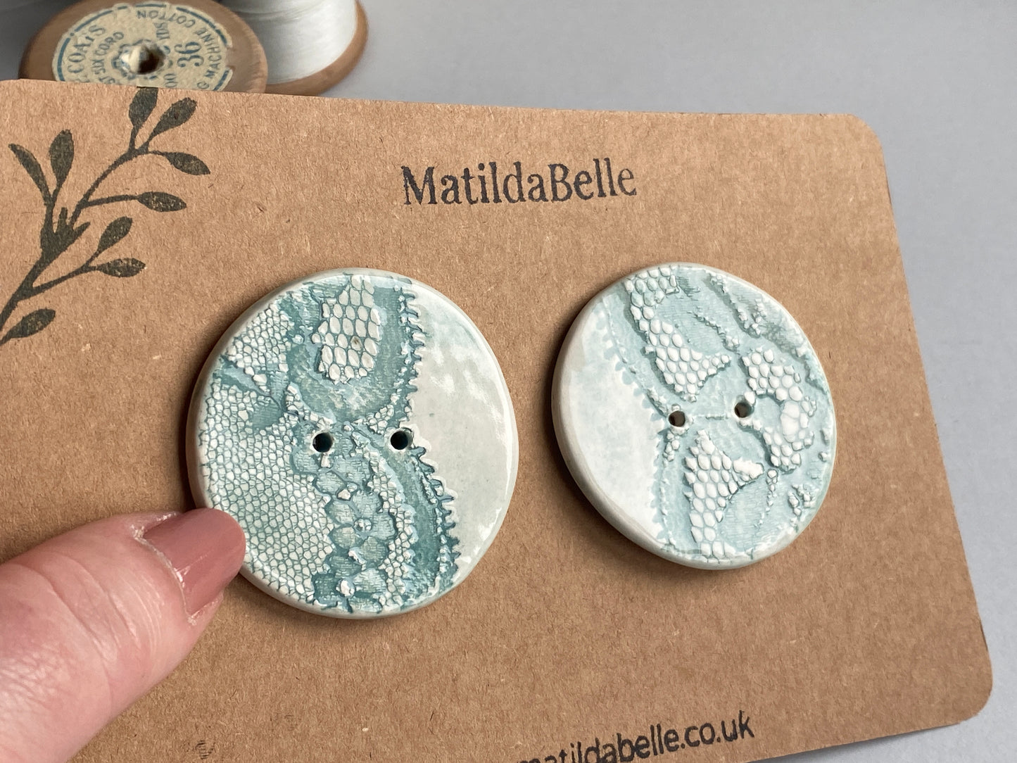 Handmade set of 2 Ceramic large Buttons Vintage Lace design