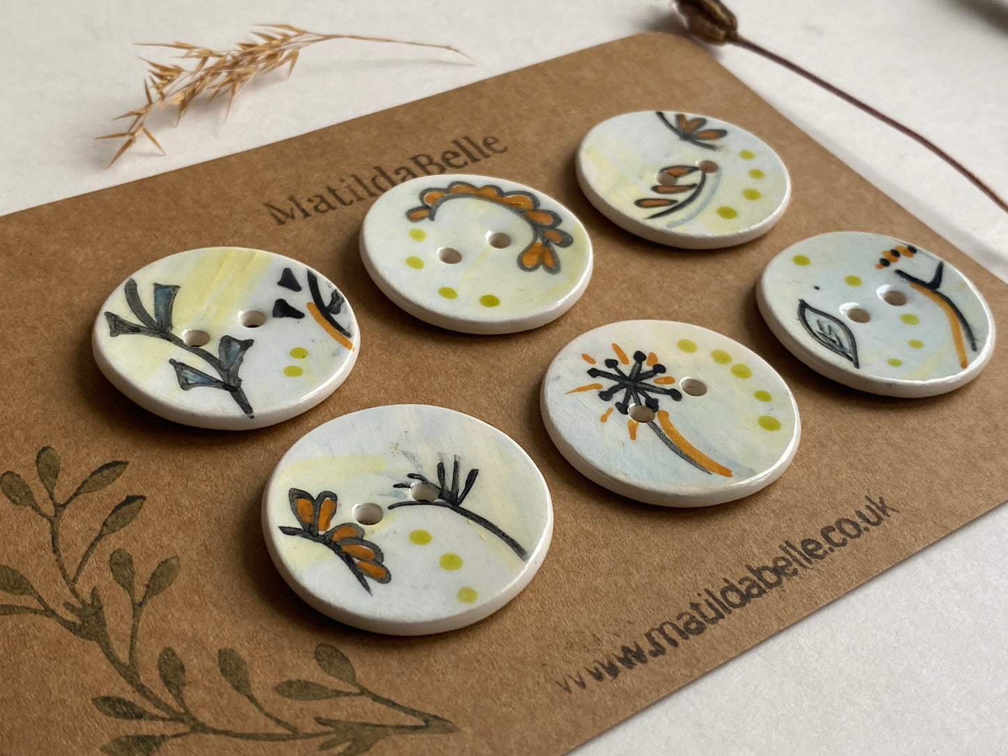 Set of 6, 32mm Whimsical painted round buttons