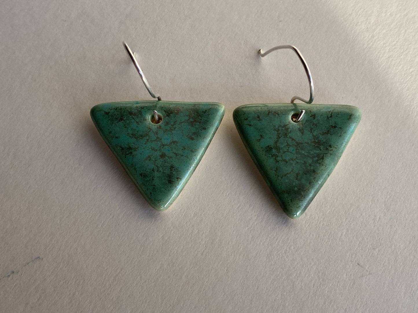 Ceramic Triangle  Dangle Earrings - Green gold glaze