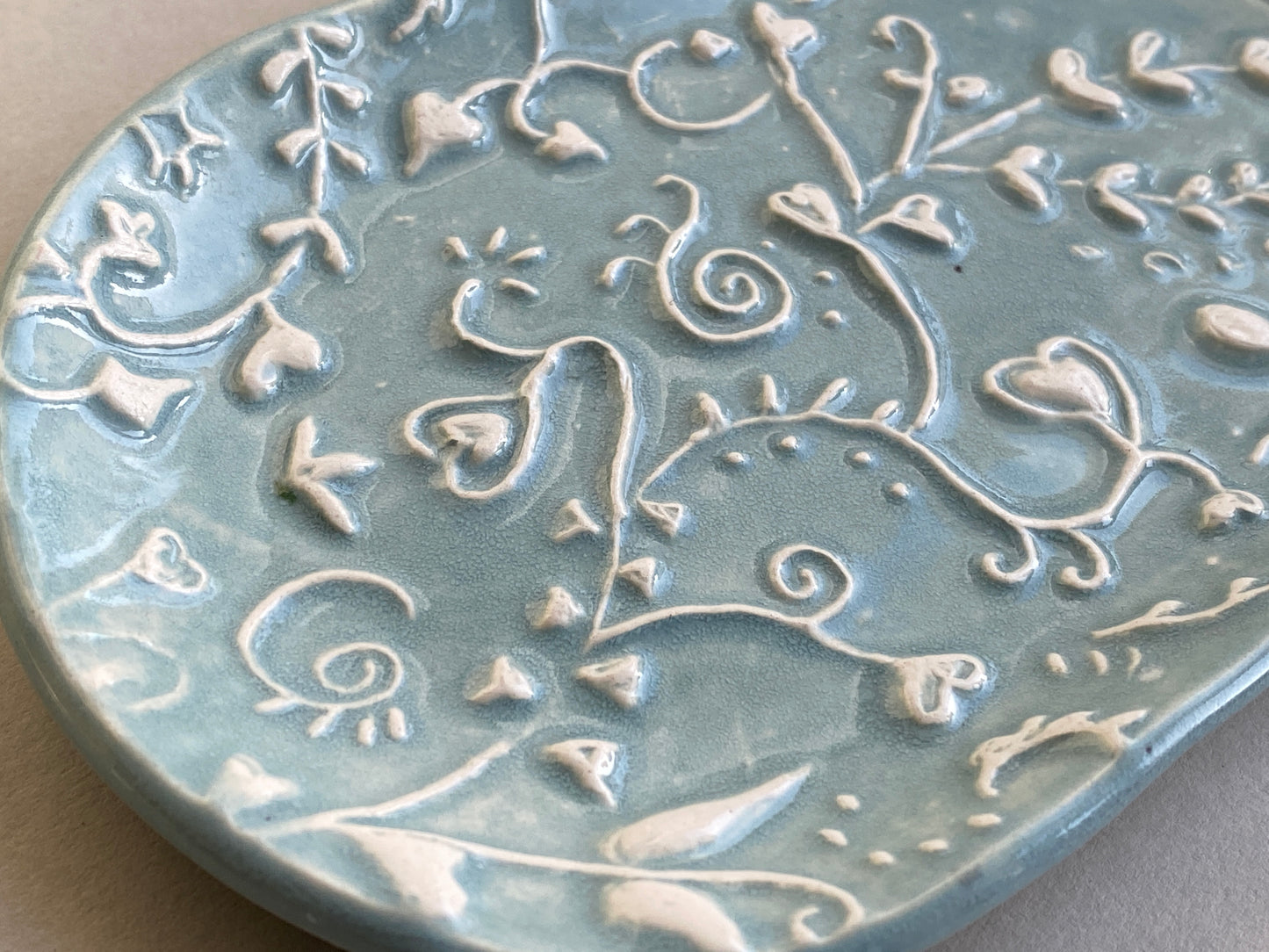 Handmade ceramic Trinket Tray, Oval Botanical Baby Blue