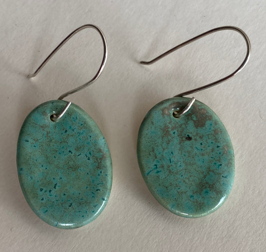 Ceramic Ovals  Dangle Earrings - Green gold glaze