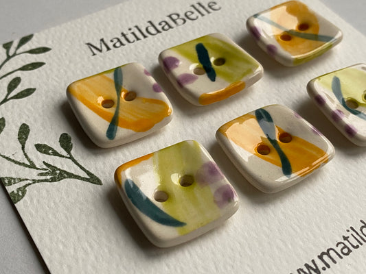 20mm set of Six square handmade Buttons lime / orange