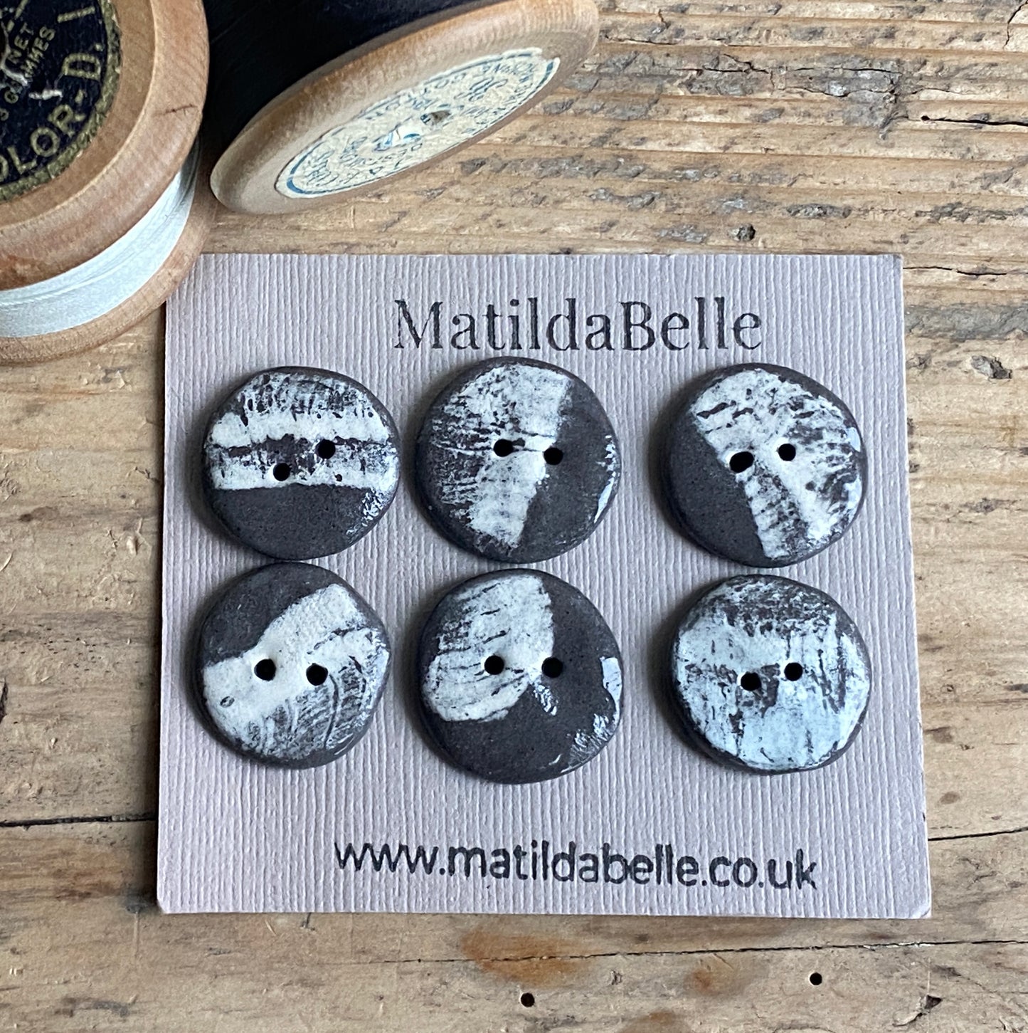 22mm Set of 6 Hand-Formed Black Clay Ceramic Round Buttons - 20mm-22mm -