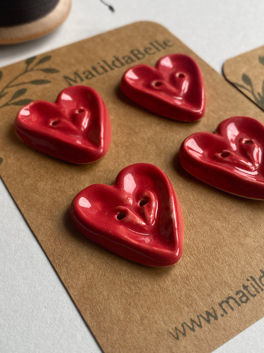 26mm Set of 4 Extra Large Heart Buttons 26mm- Red or Wine Glaze