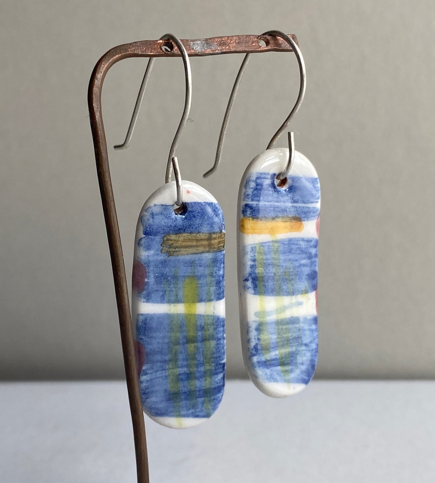 Ceramic painterly Dangle Earrings - Blues - Hung on handmade silver wires