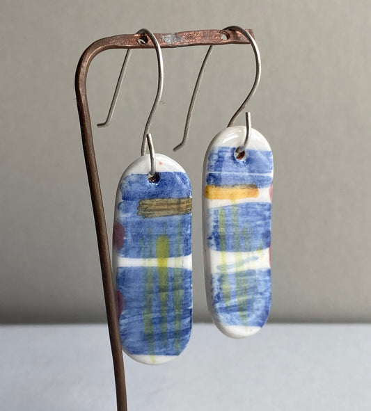 Ceramic painterly Dangle Earrings - Blues - Hung on handmade silver wires