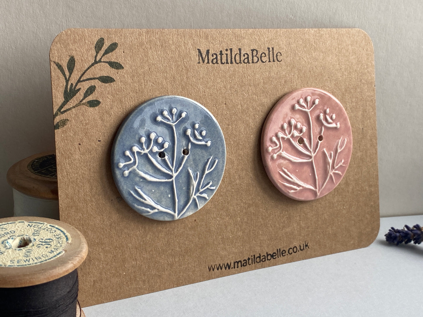 Handmade set of 2 Ceramic large Buttons Botanical design