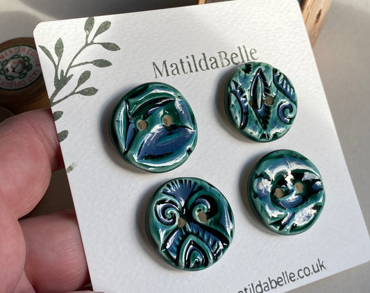 28mm Buttons, Botanical choice of Blue or Green set of 4