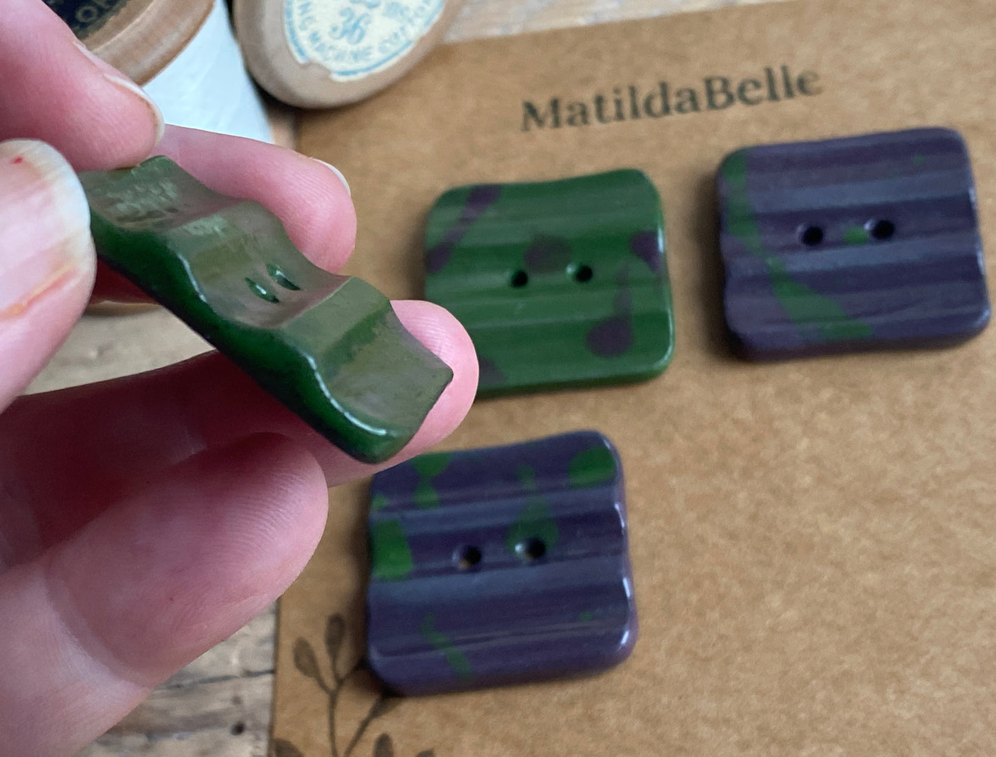 30mm Set of 4 square 30mm Stoneware Buttons rippled Purple and Green Camo