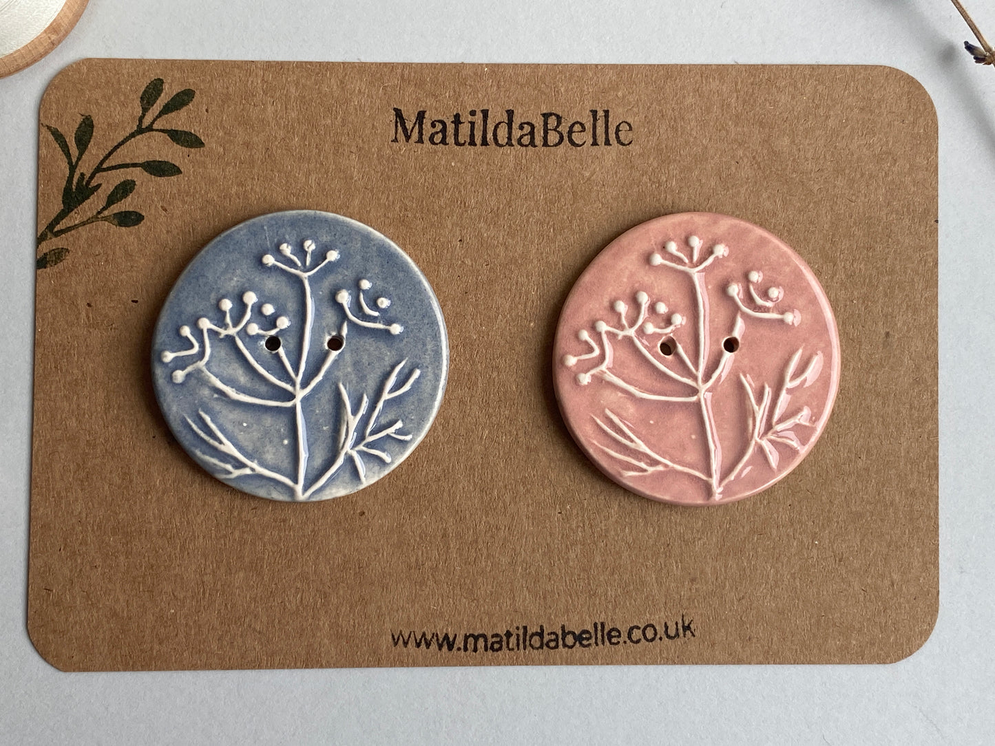 Handmade set of 2 Ceramic large Buttons Botanical design