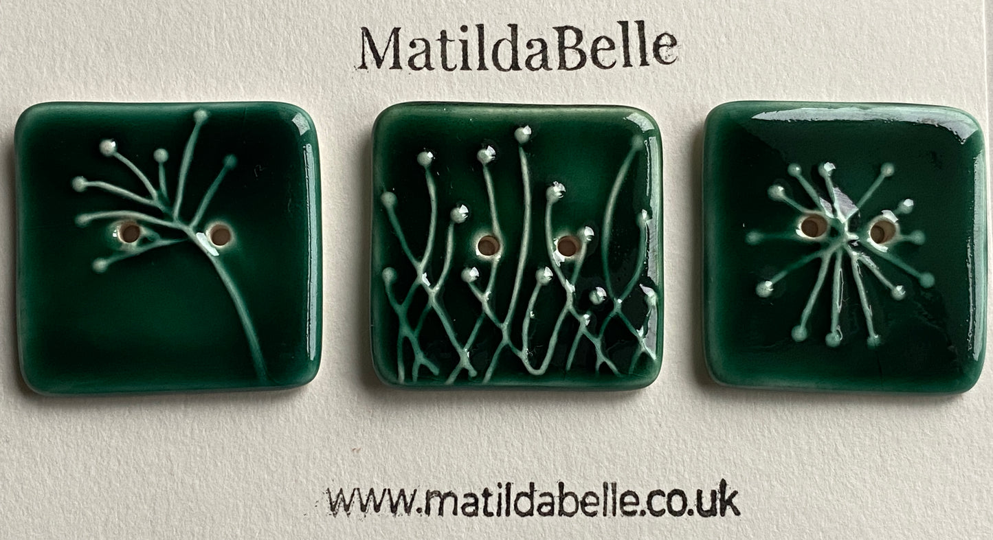 Buttons 35mm set of 3 Large Square Botanical Ceramic Buttons Green