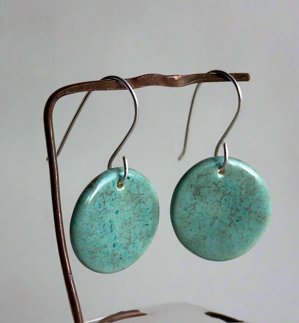 Ceramic rounds  Dangle Earrings - Green gold glaze