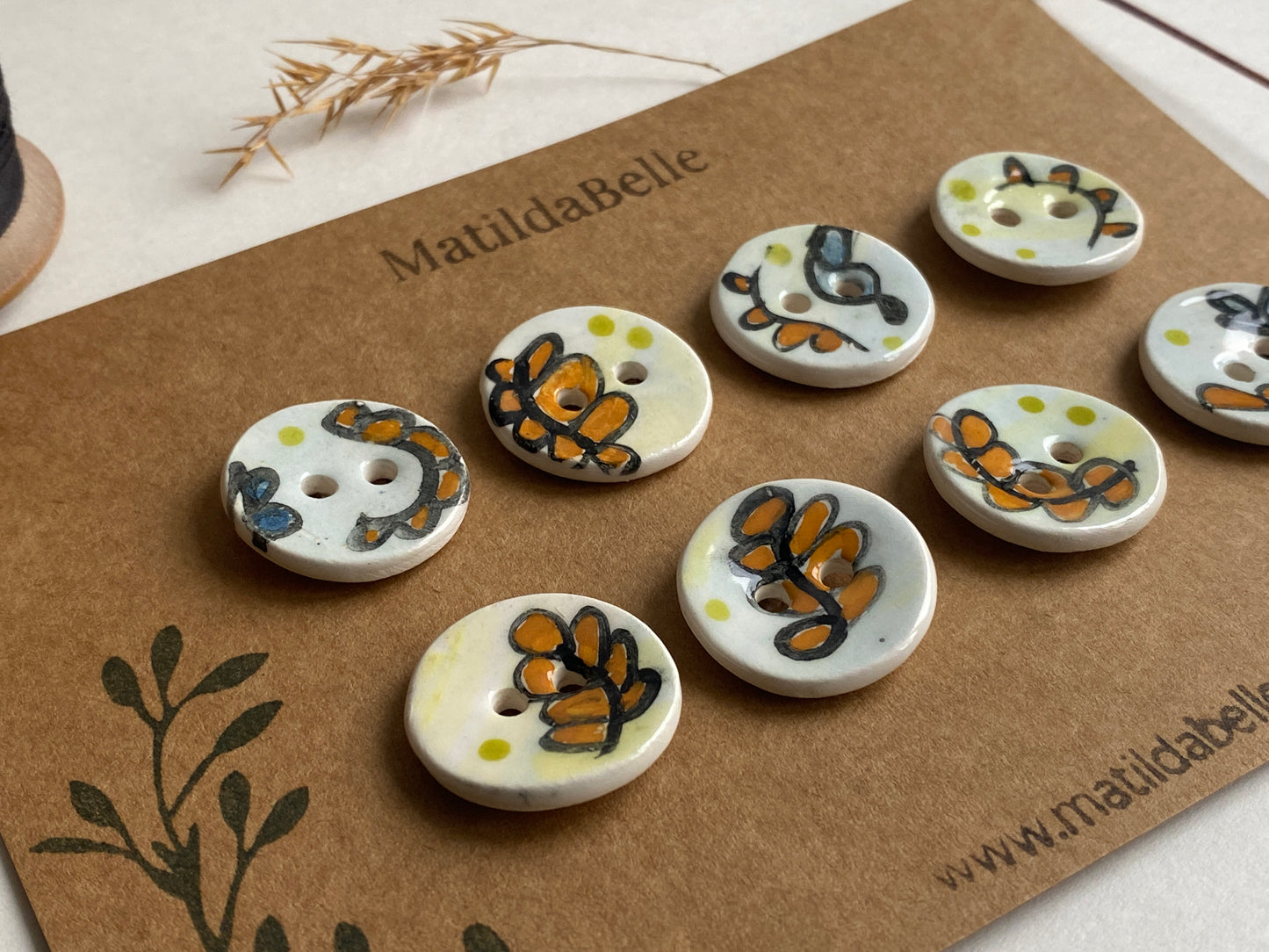 Set of 6, 32mm Whimsical painted round buttons