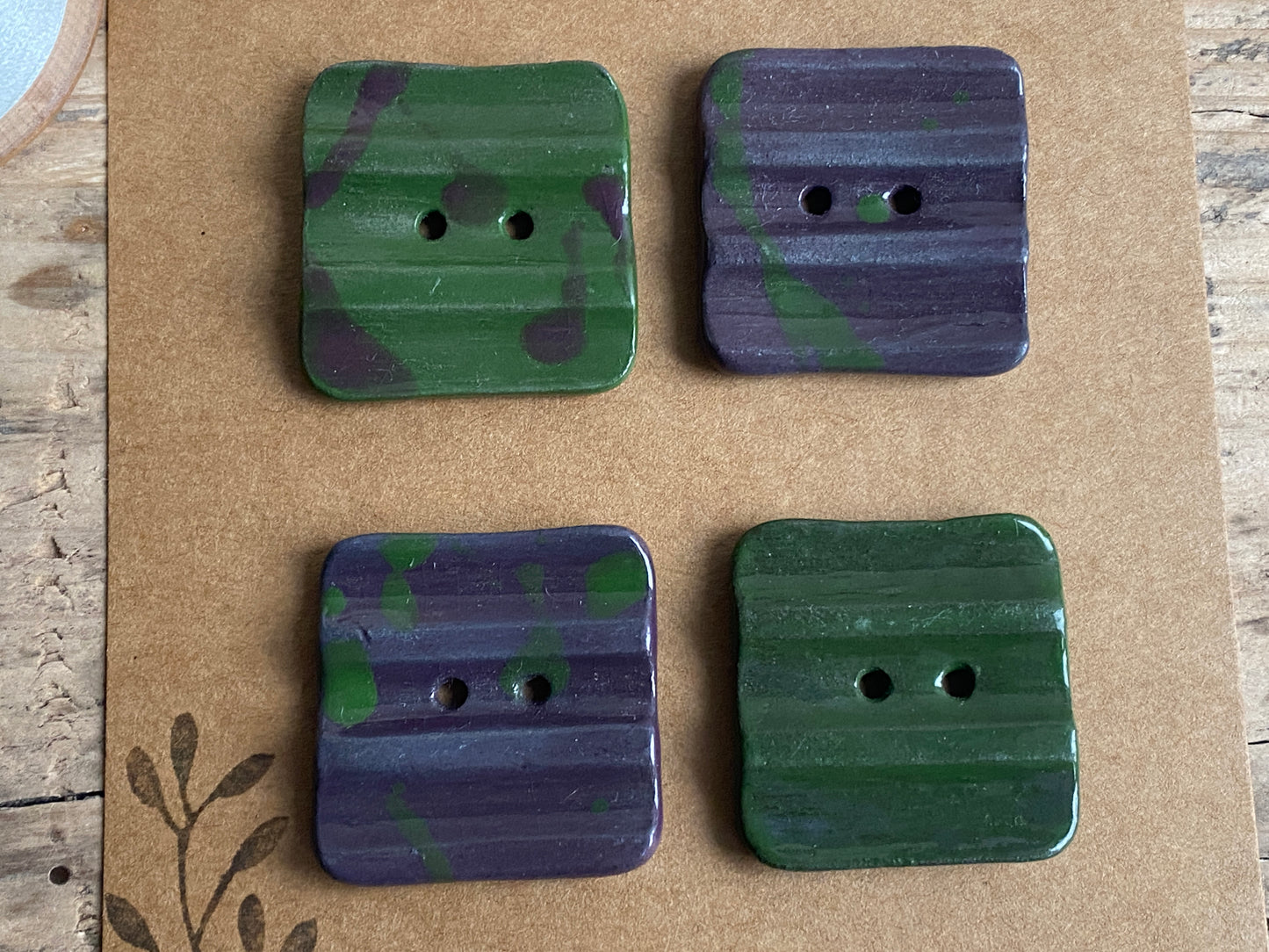 30mm Set of 4 square 30mm Stoneware Buttons rippled Purple and Green Camo