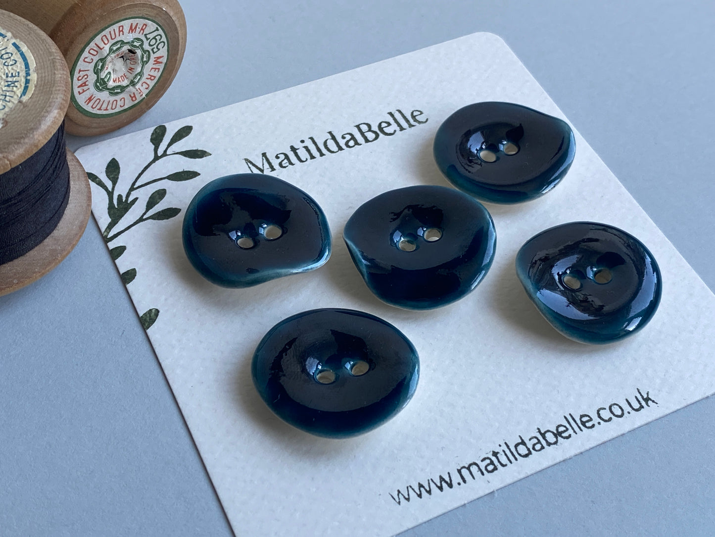 Handmade Ceramic Buttons 25mm rich Glossy Petrol Blue