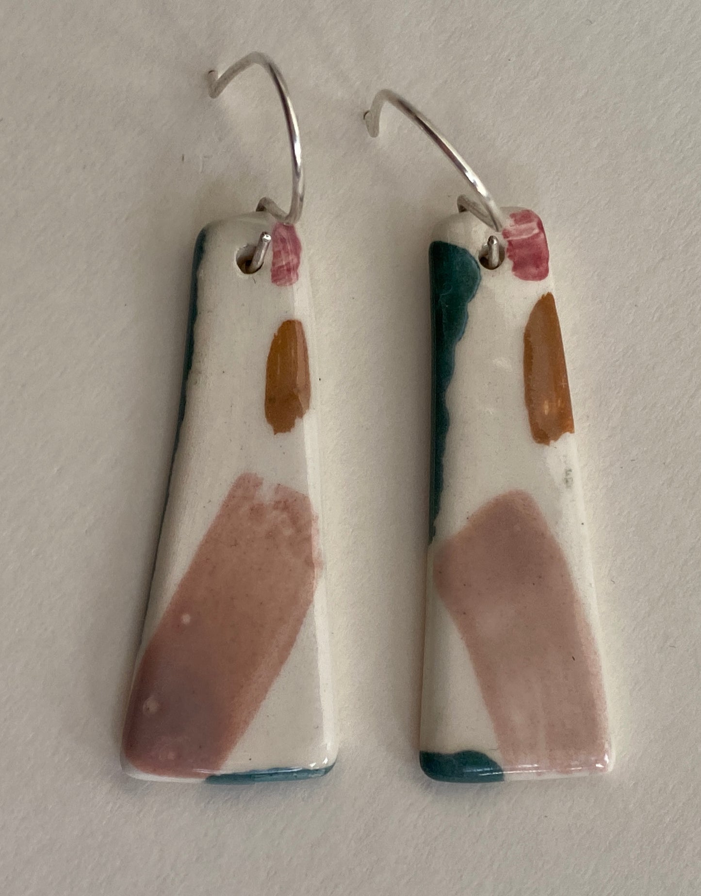 Ceramic painterly Dangle Earrings - Dusky Pink Glaze - Handmade Recycled Silver Wires