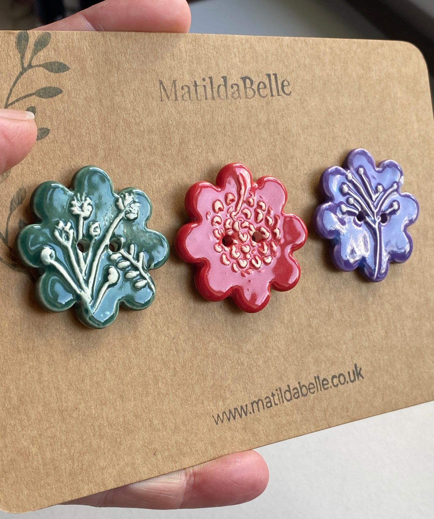37mm Buttons set of 3 Large Botanical Flower Handmade Ceramic Buttons