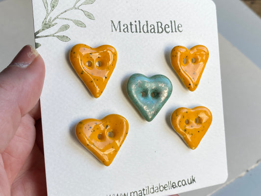 Handmade Ceramic Heart Buttons, Mixed Set of 5