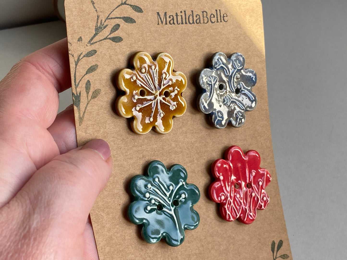 37mm Buttons set of 4 Large Botanical Flower Handmade Ceramic Buttons
