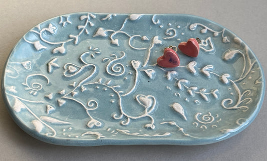 Handmade ceramic Trinket Tray, Oval Botanical Baby Blue