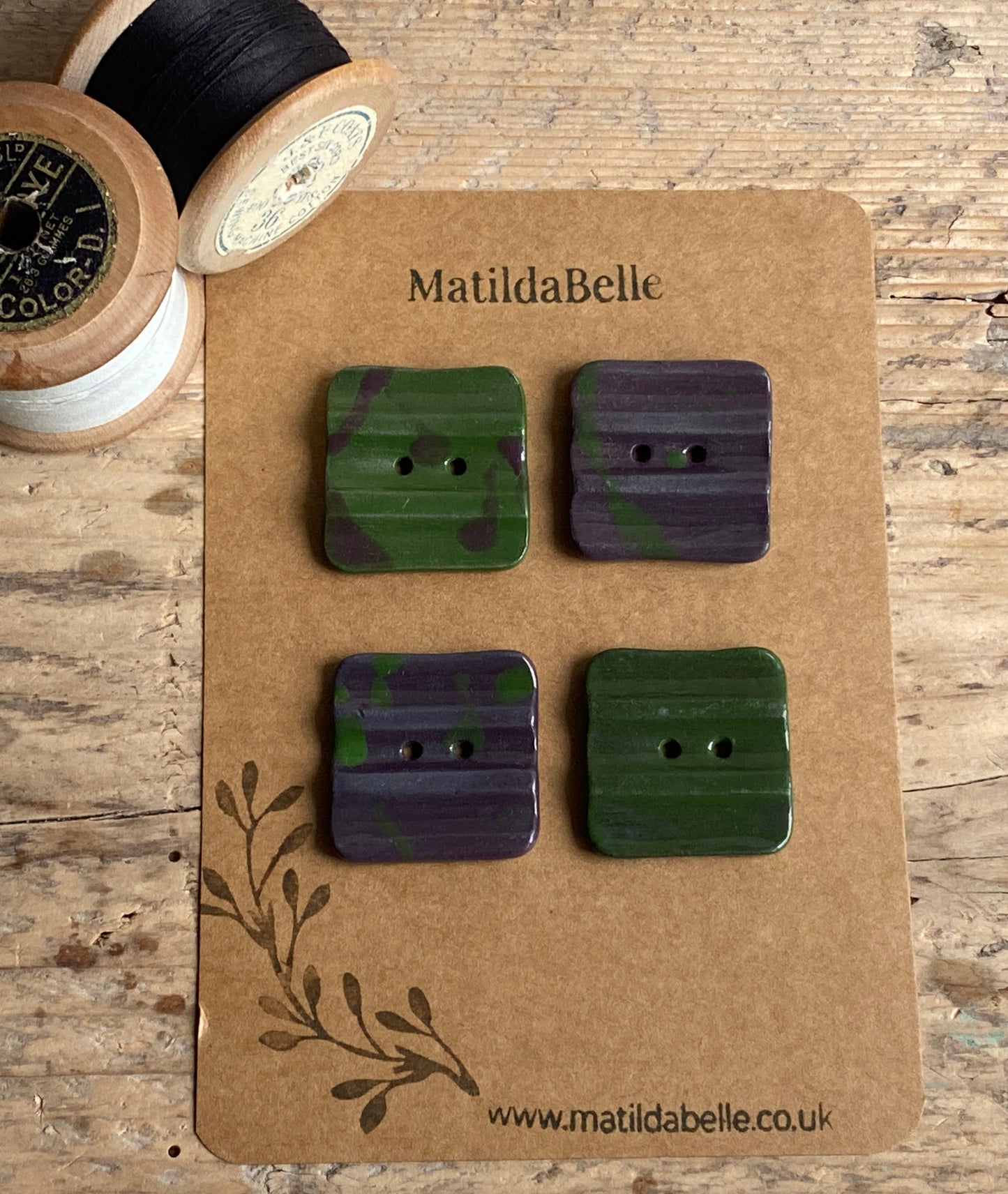 30mm Set of 4 square 30mm Stoneware Buttons rippled Purple and Green Camo