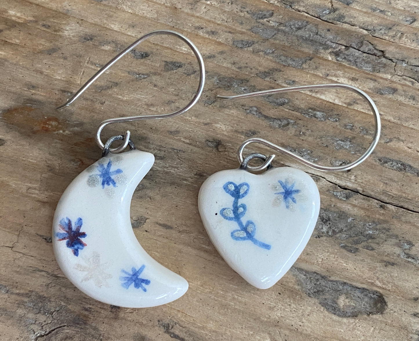 Folk Art Heart &  Moon Handmade Dangly Earrings with Sterling Silver