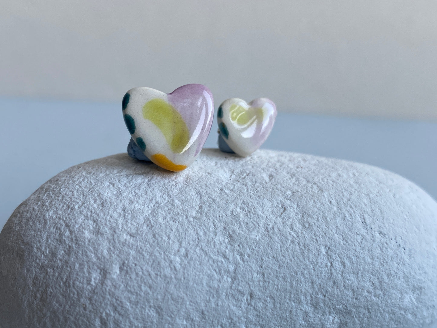 Mismatched Ceramic Heart Stud Earrings - Sterling Silver