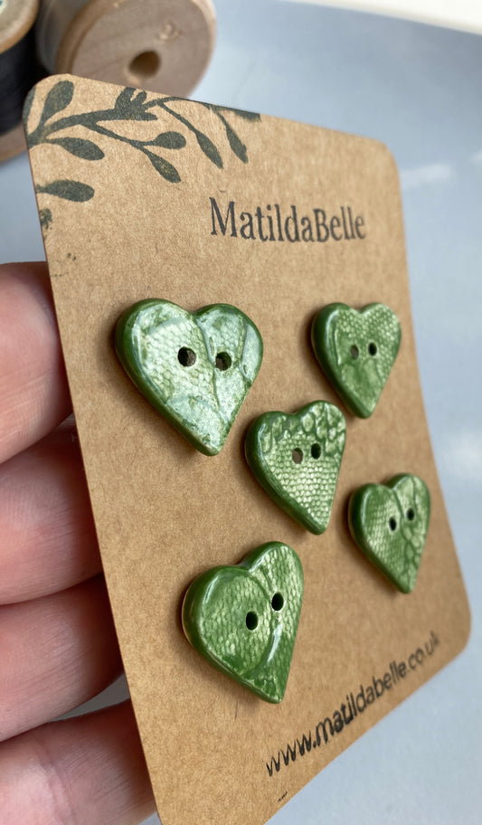 Handmade set of 5 Heart buttons Forest Green