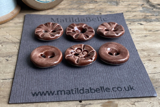 17mm Set of six round handmade Ceramic Chocolate buttons 17mm , vintage inspired