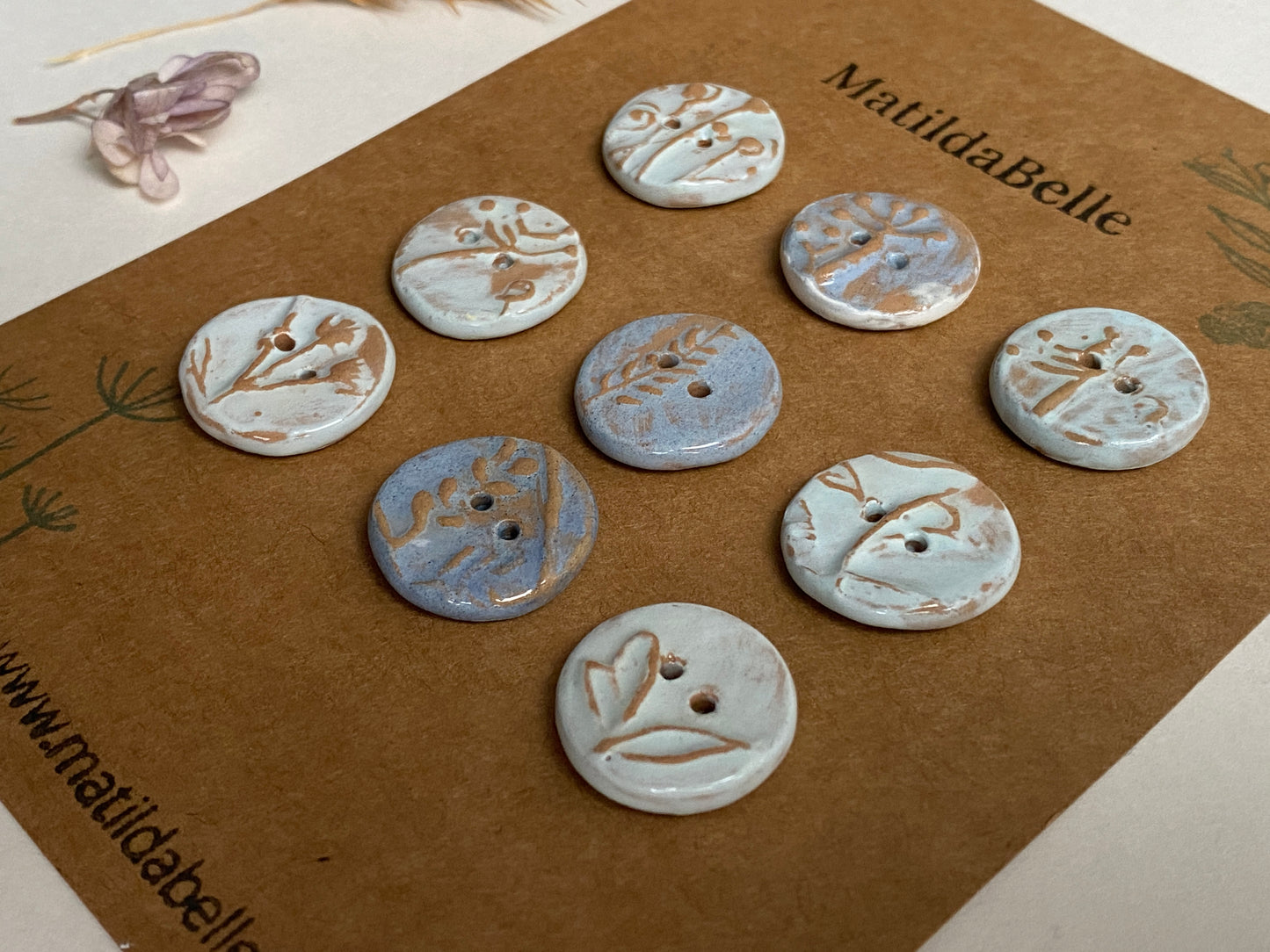 Ceramic Handmade buttons set of nine pastel botanical 20mm