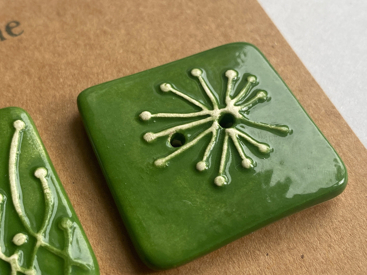 35mm Set of 3 Square Botanical Clay Buttons Forest Green- 35mm -