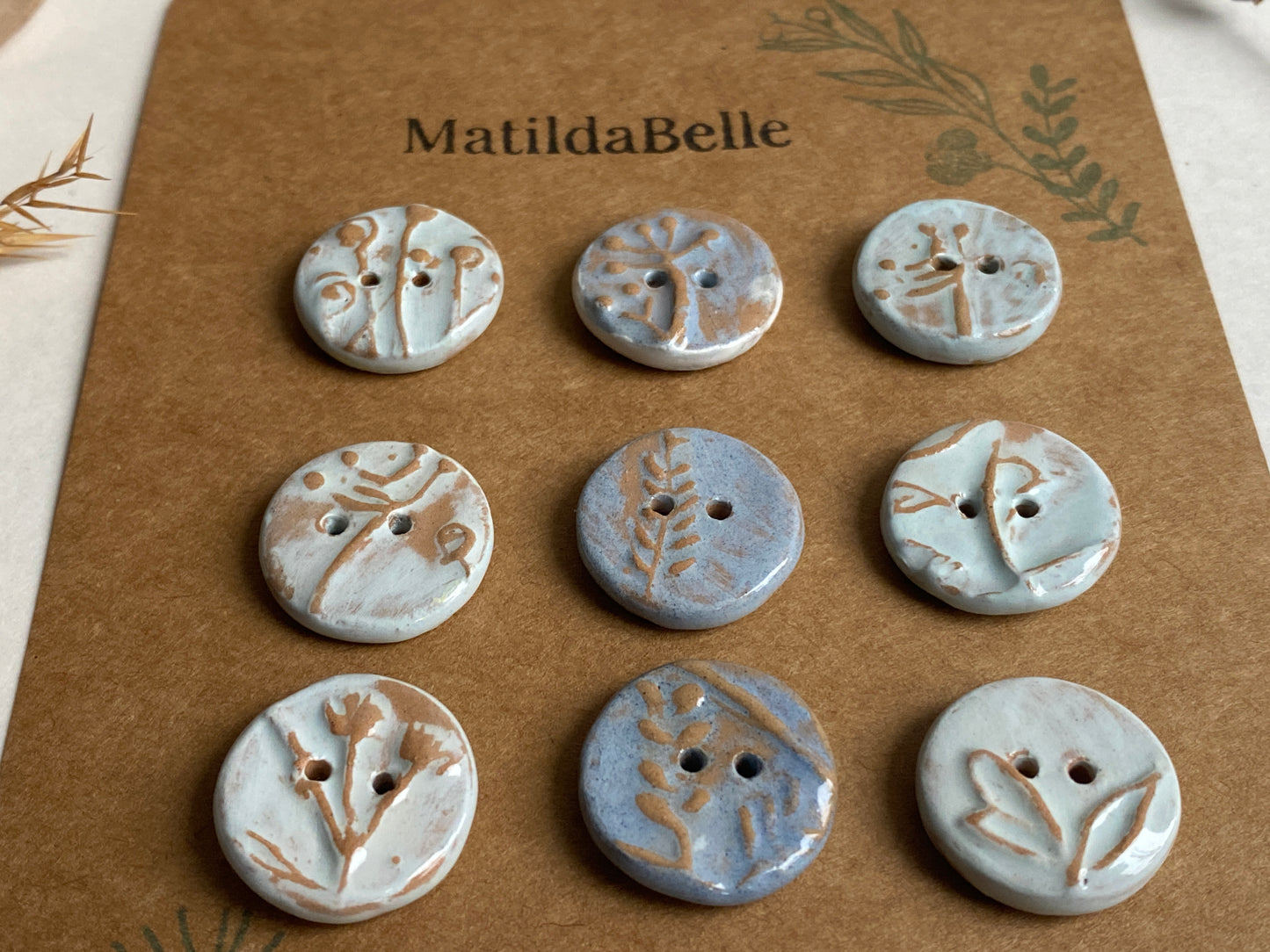 Ceramic Handmade buttons set of nine pastel botanical 20mm