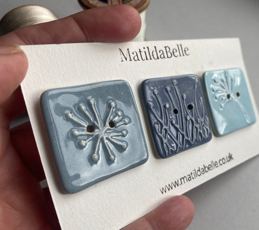 35mm Set of 3 Square Botanical Clay Buttons Blues - 35mm -