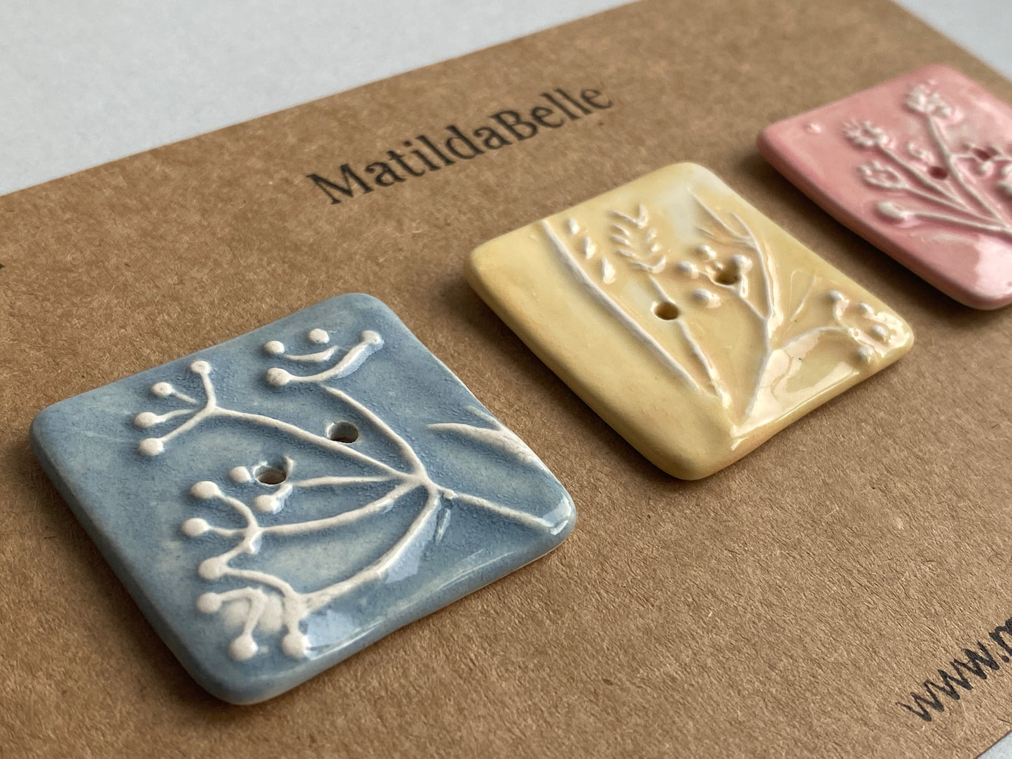 Buttons Set of 3 Botanical Square Handmade Ceramic Buttons