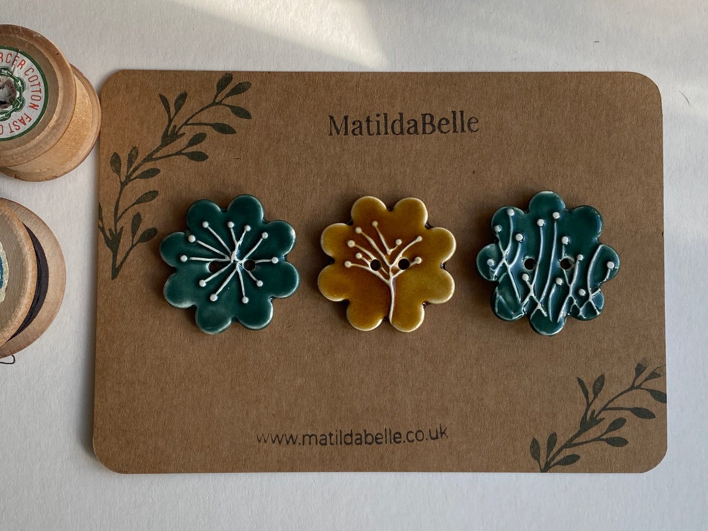 37mm Buttons set of 3 Large Botanical Flower Handmade Ceramic Buttons