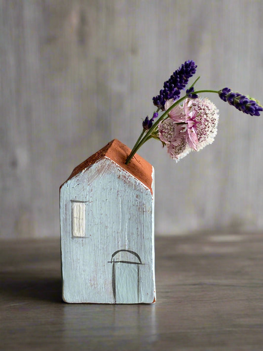 Handmade Ceramic Dry Vase House Blue Door and Moon