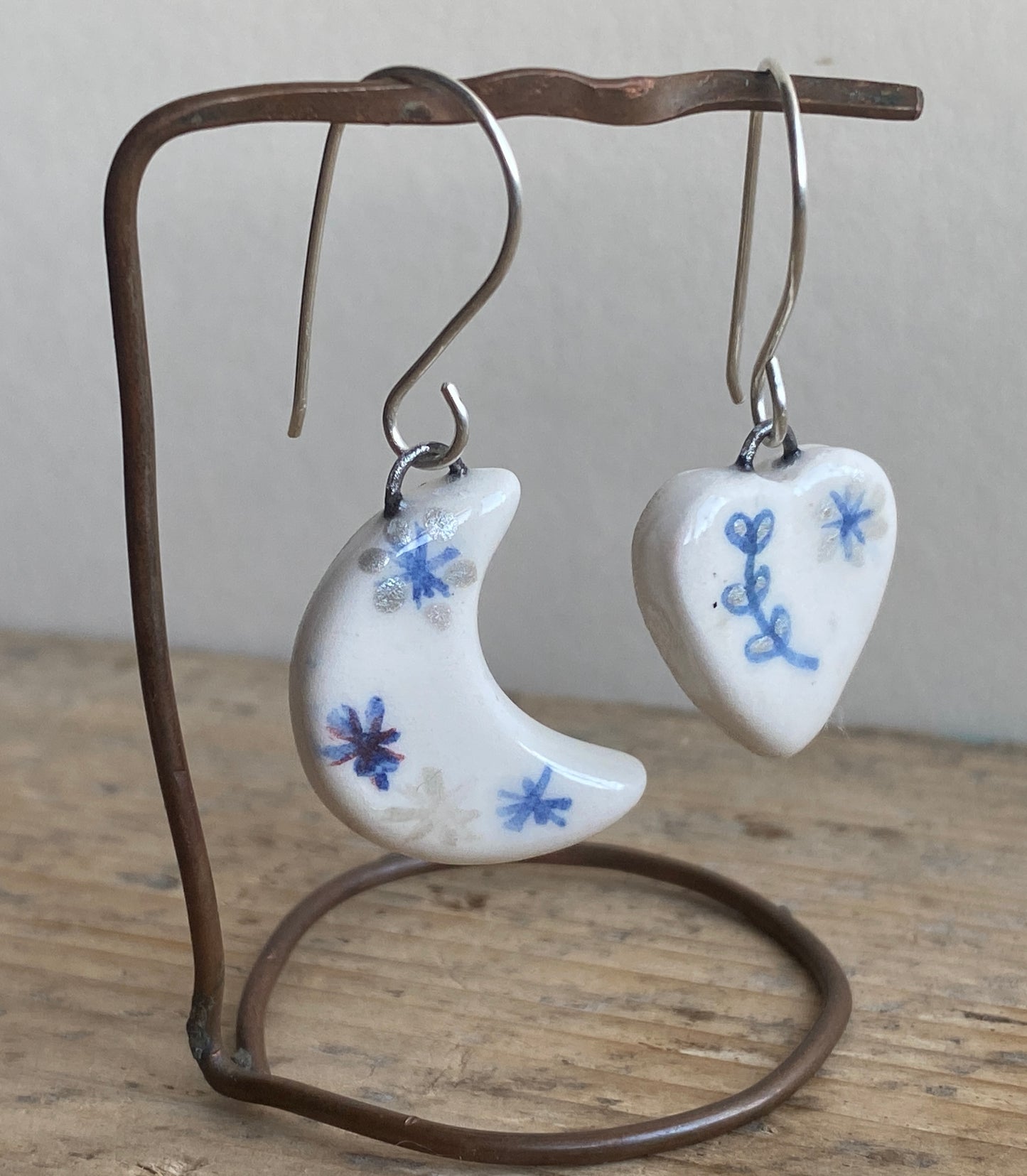 Folk Art Heart &  Moon Handmade Dangly Earrings with Sterling Silver