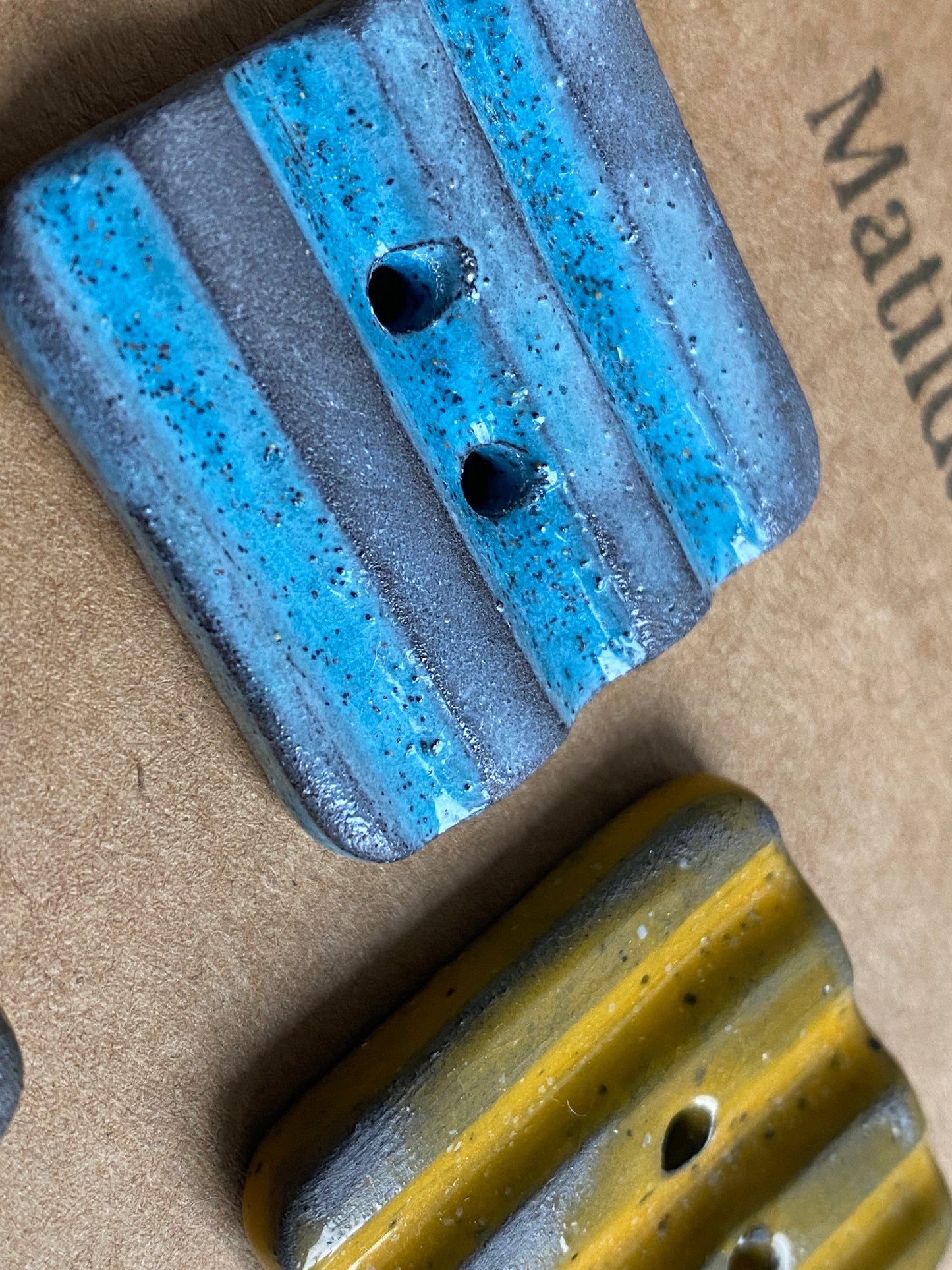 30mm Set of 4 Square Stoneware Buttons 30mm rippled yellow and blue