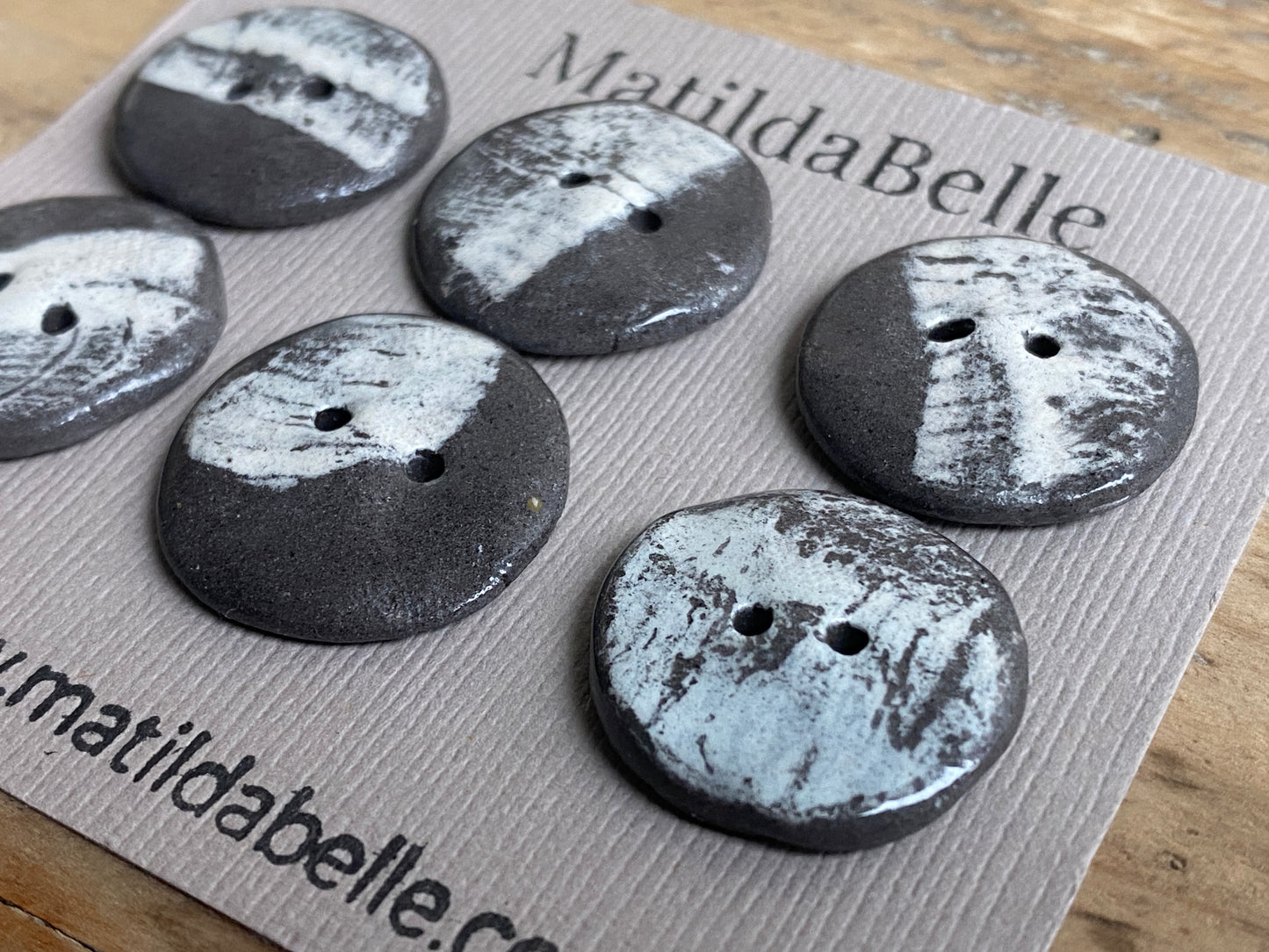 22mm Set of 6 Hand-Formed Black Clay Ceramic Round Buttons - 20mm-22mm -