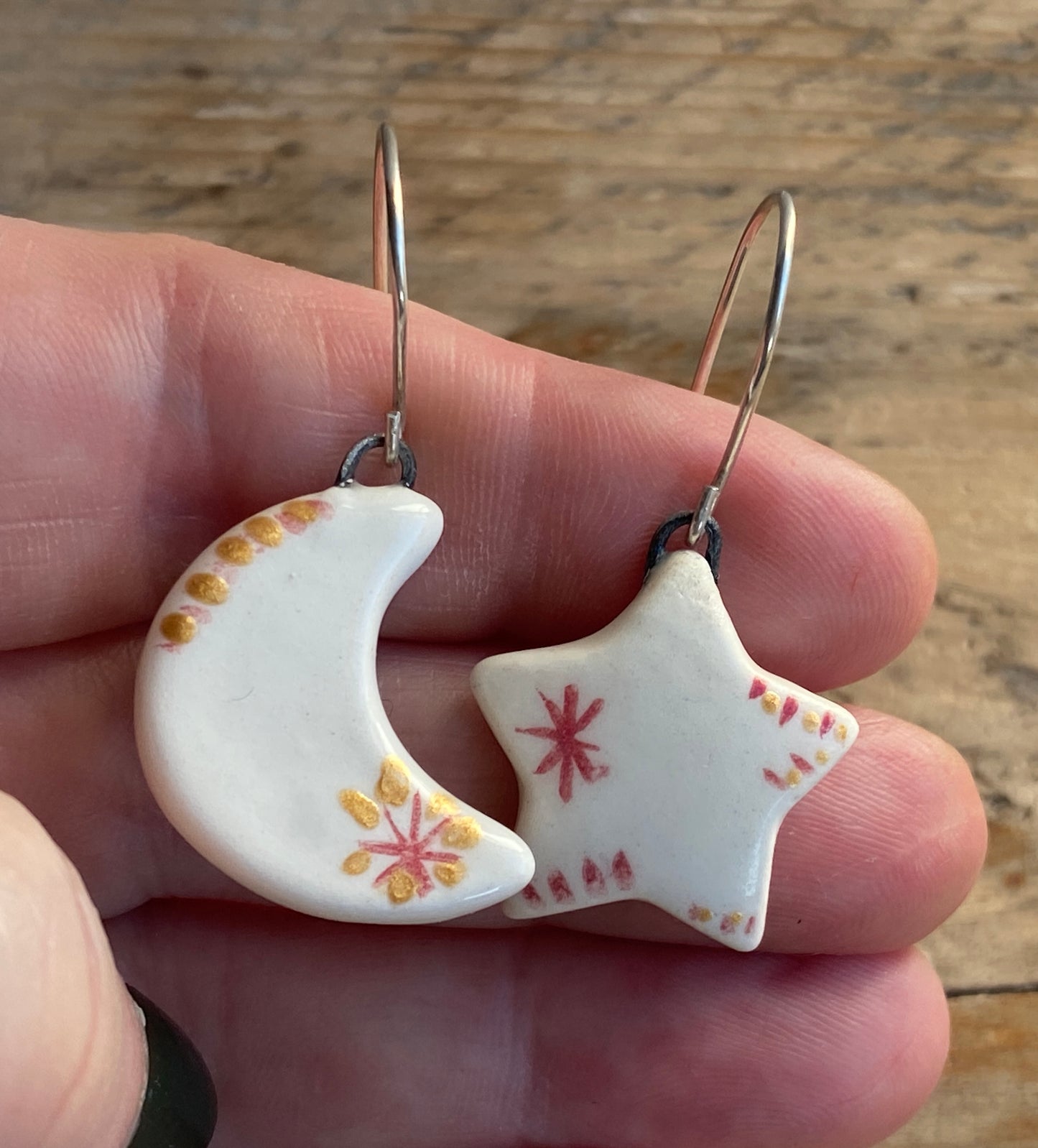 Folk Art Star &  Moon Handmade Dangly Earrings with Sterling Silver